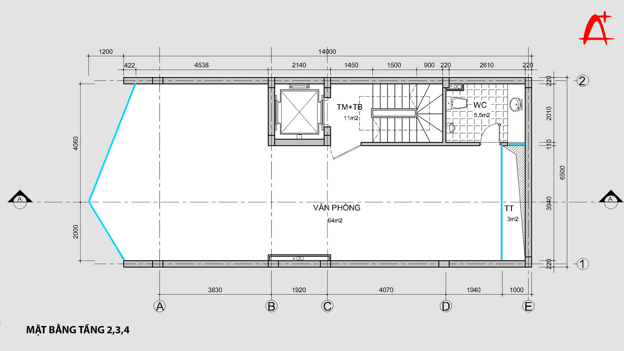 Mặt bằng tầng 2,3,4 - Văn phòng cho thuê